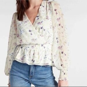 Express Floral Blouse Womens Long Sleeve V Neck white floral sheer womens size S